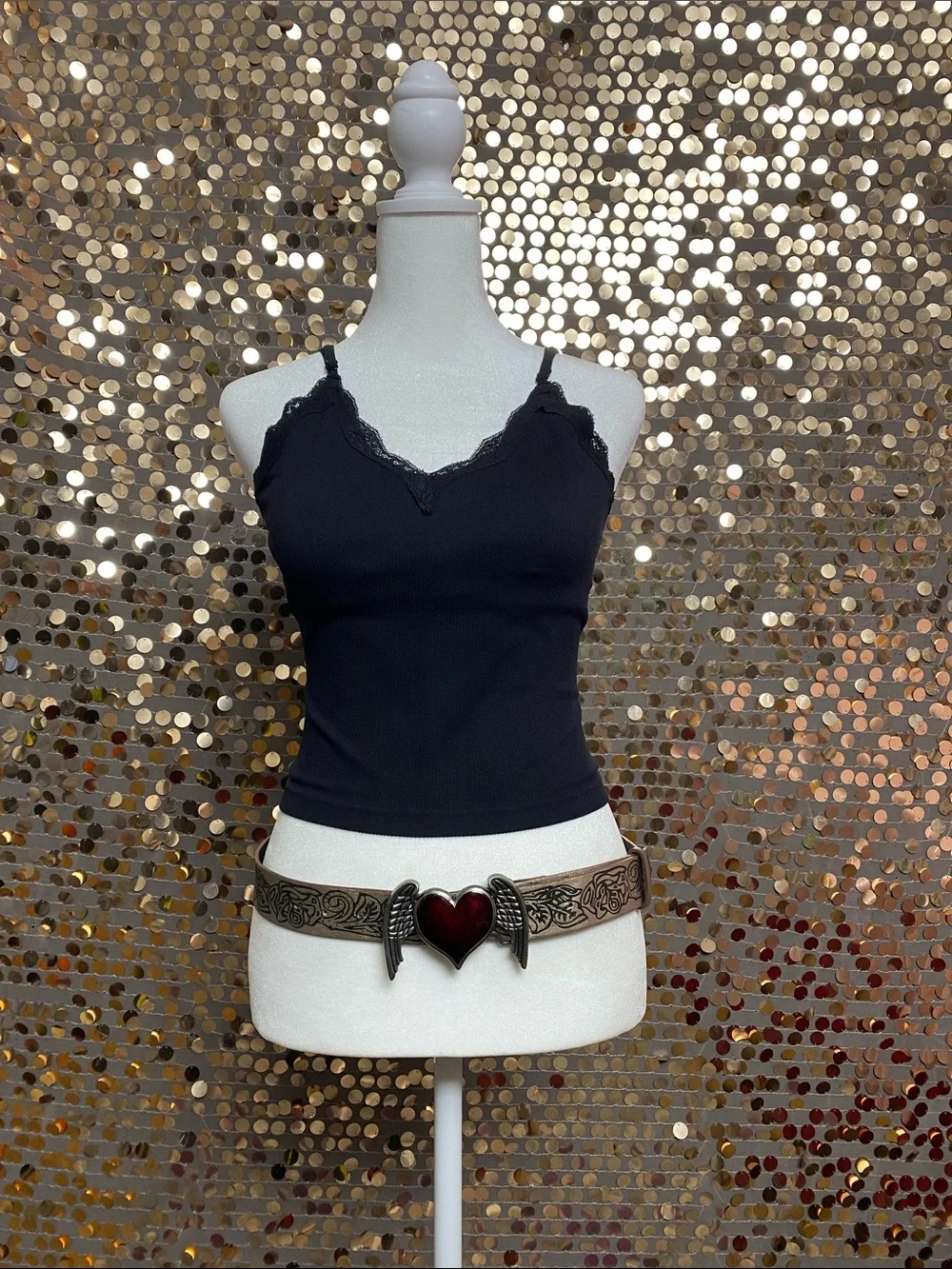Gold and black belt with red heart and silver wings buckle #477